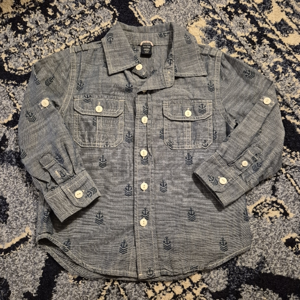 Gap Boy's Blue Preppy Nautical Long Sleeve Button Down Shirt Size 3T